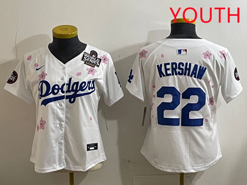 Youth Los Angeles Dodgers #22 Kershaw White Sakura Edition 2025 Nike MLB Jersey style 6->youth mlb jersey->Youth Jersey